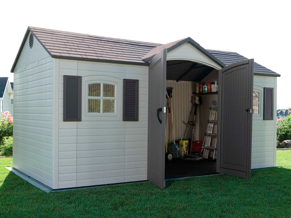 Сарай (хозблок) пластиковый LifeTime 15x8 DD 60079 габариты 239 х 452 см с двускатной крышей для дачи или загородного дома