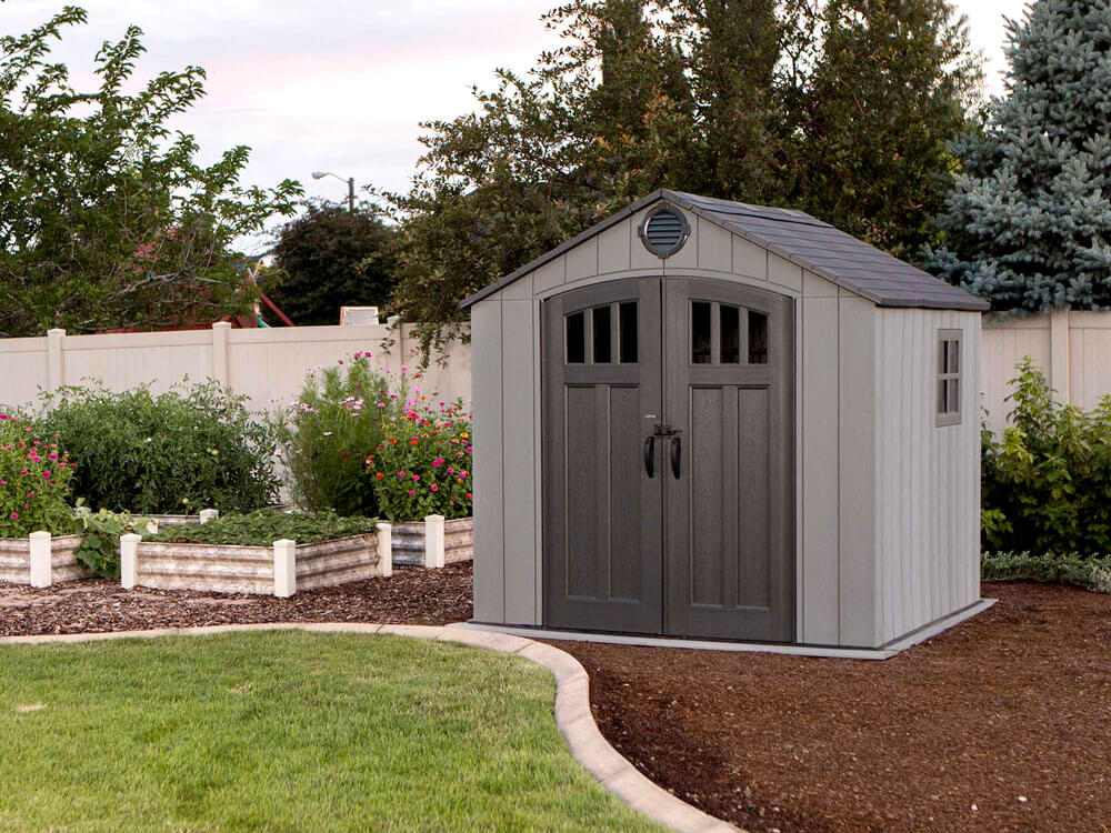 Пластиковый сарай (хозблок) WOODLOOK 8x7,5 60299 габариты 223,6 х 238,7 см с двускатной крышей для дачи или загородного дома